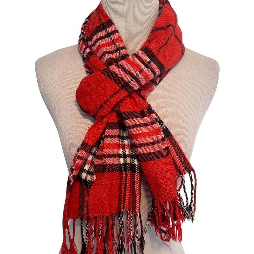 Womens Scarf Red White Black Plaid Wool Fringed Preppy Y2K Tartan Old Money
